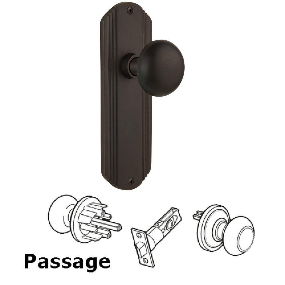 Nostalgic Warehouse Complete Passage Set Without Keyhole - Deco Plate with New York Knob in Oil Rubbed Bronze