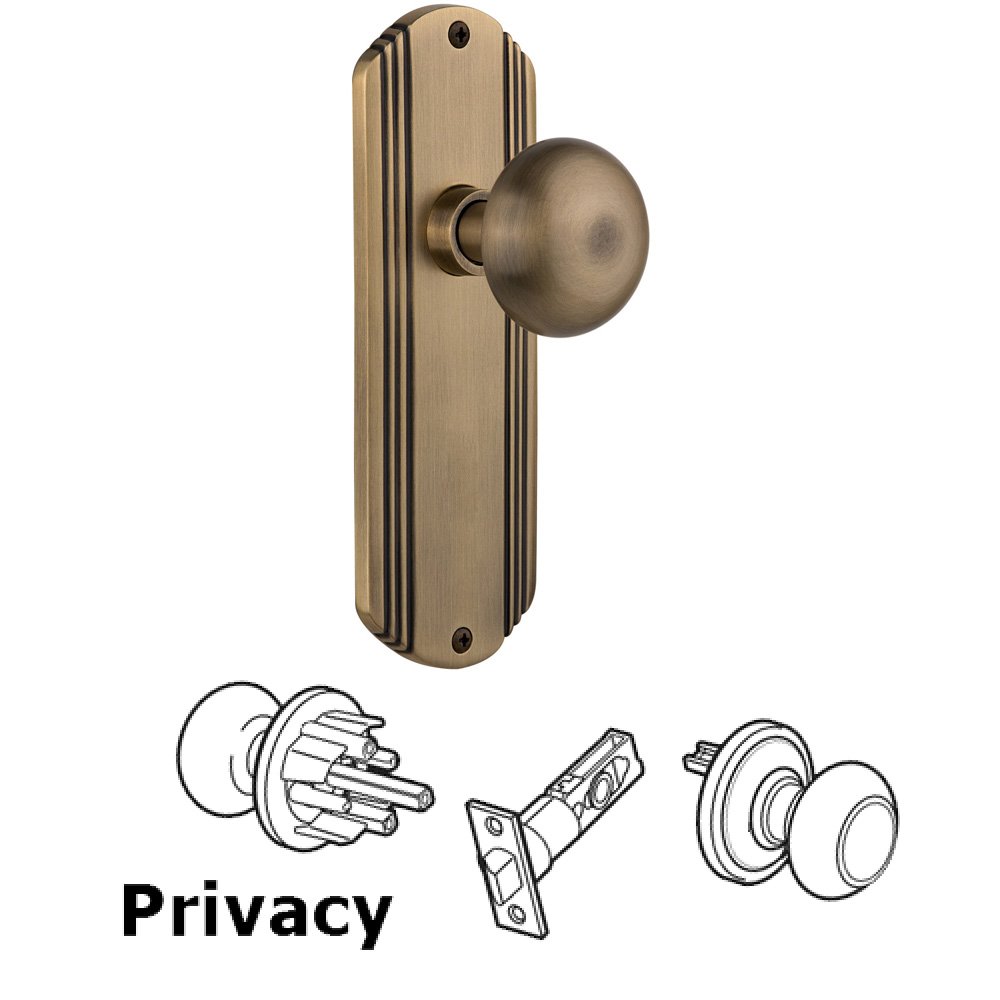 Nostalgic Warehouse Complete Privacy Set Without Keyhole - Deco Plate with New York Knob in Antique Brass
