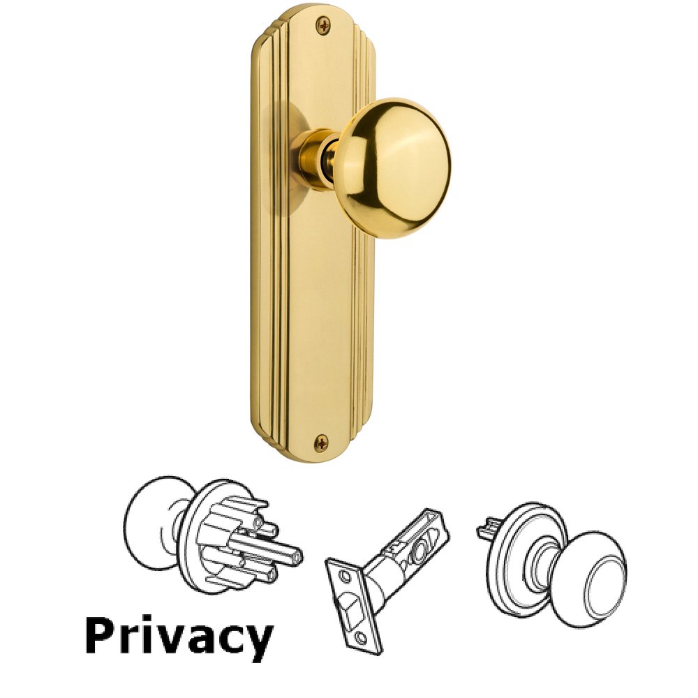 Nostalgic Warehouse Complete Privacy Set Without Keyhole - Deco Plate with New York Knob in Polished Brass
