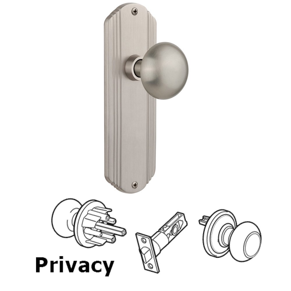 Nostalgic Warehouse Complete Privacy Set Without Keyhole - Deco Plate with New York Knob in Satin Nickel