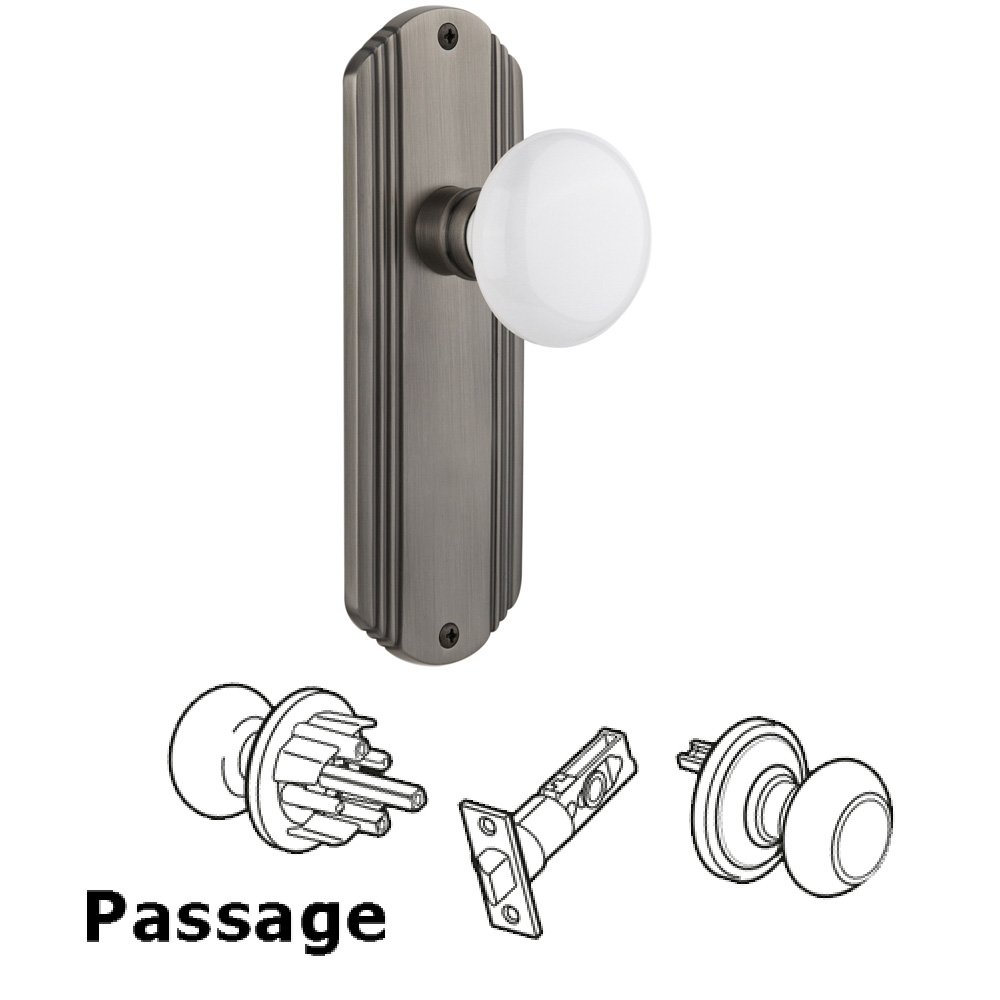 Nostalgic Warehouse Complete Passage Set Without Keyhole - Deco Plate with White Porcelain Knob in Antique Pewter