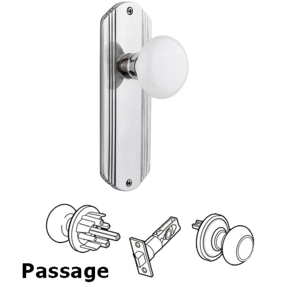 Nostalgic Warehouse Complete Passage Set Without Keyhole - Deco Plate with White Porcelain Knob in Bright Chrome