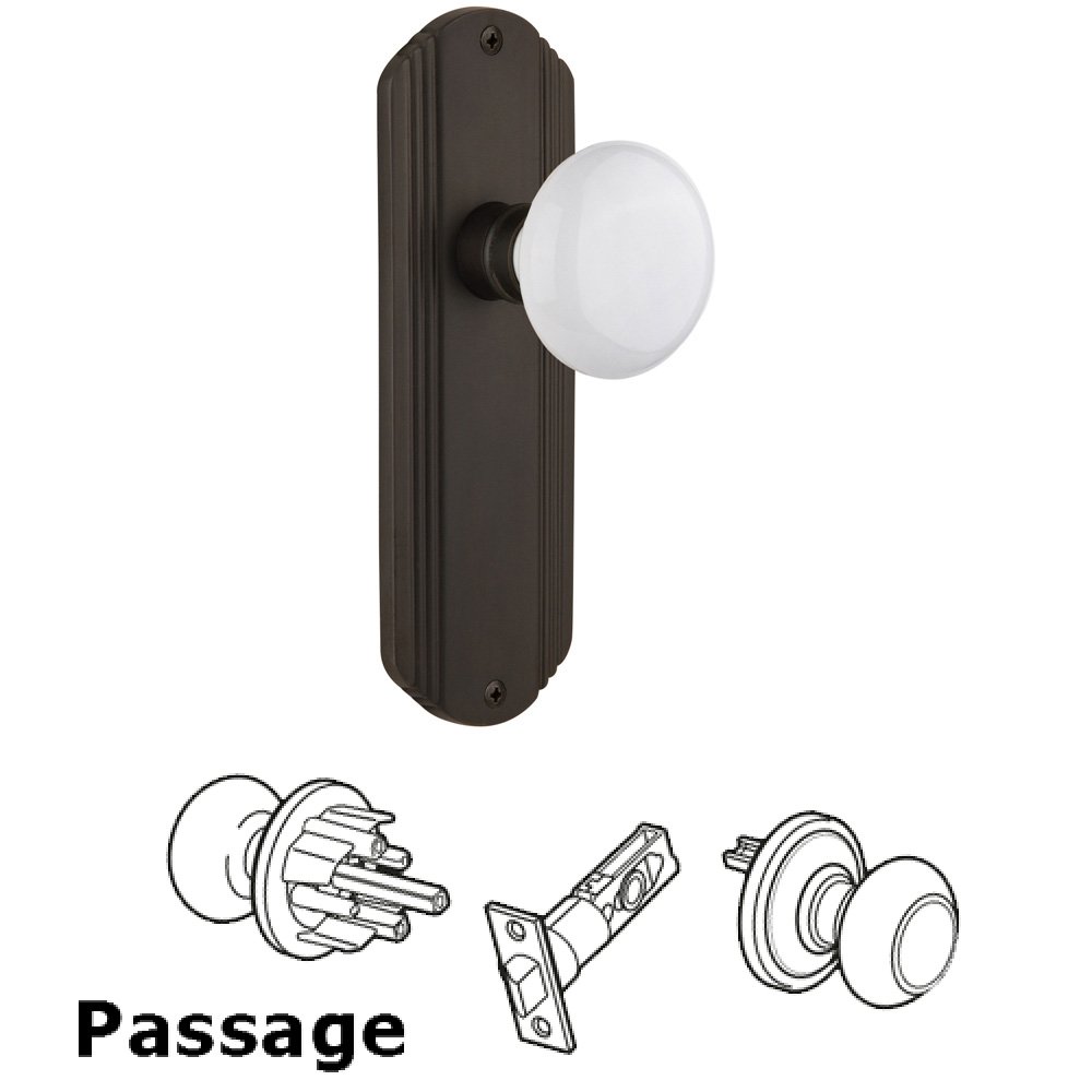 Nostalgic Warehouse Complete Passage Set Without Keyhole - Deco Plate with White Porcelain Knob in Oil Rubbed Bronze