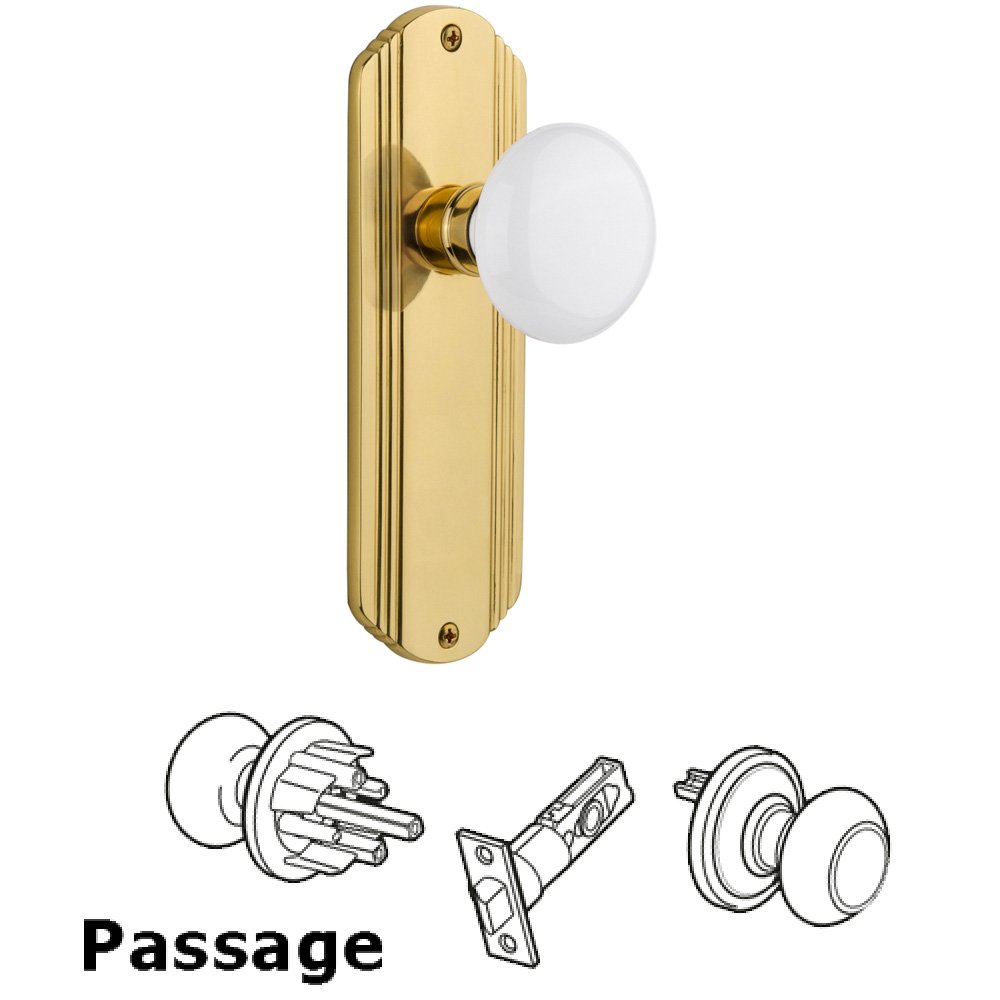 Nostalgic Warehouse Complete Passage Set Without Keyhole - Deco Plate with White Porcelain Knob in Polished Brass