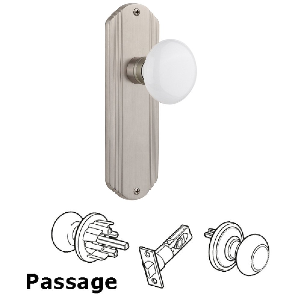 Nostalgic Warehouse Complete Passage Set Without Keyhole - Deco Plate with White Porcelain Knob in Satin Nickel