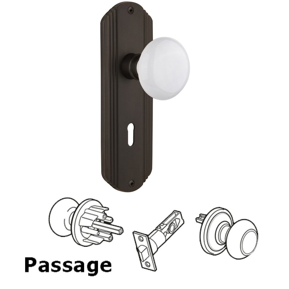 Nostalgic Warehouse Complete Passage Set With Keyhole - Deco Plate with White Porcelain Knob in Oil Rubbed Bronze