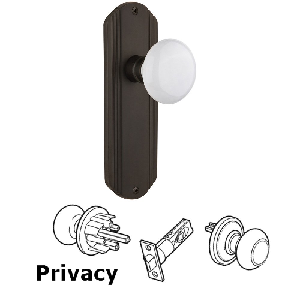 Nostalgic Warehouse Complete Privacy Set Without Keyhole - Deco Plate with White Porcelain Knob in Oil Rubbed Bronze