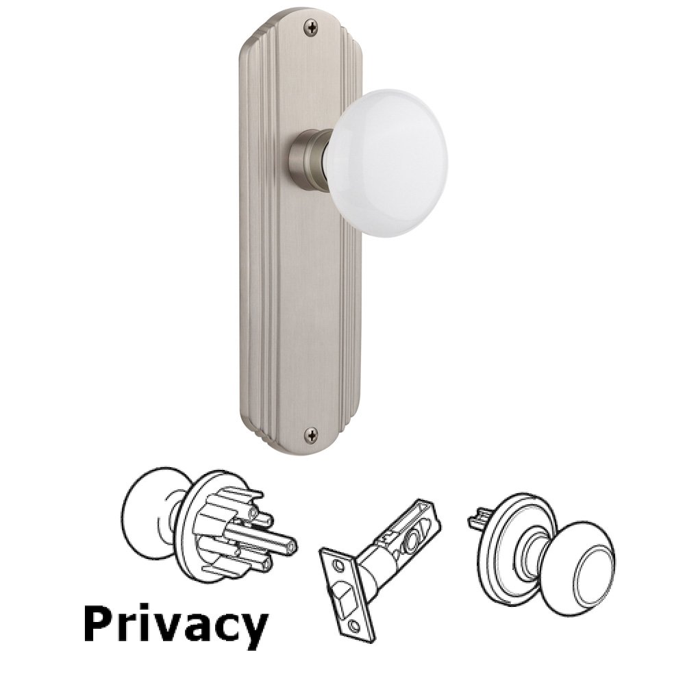 Nostalgic Warehouse Complete Privacy Set Without Keyhole - Deco Plate with White Porcelain Knob in Satin Nickel