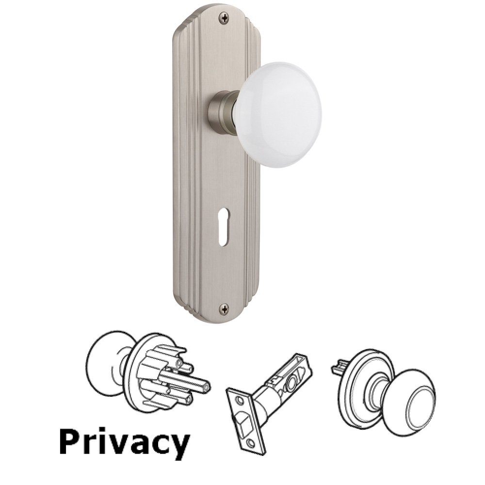 Nostalgic Warehouse Privacy Deco Plate with Keyhole and White Porcelain Door Knob in Satin Nickel