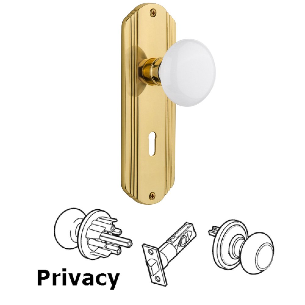 Nostalgic Warehouse Complete Privacy Set With Keyhole - Deco Plate with White Porcelain Knob in Unlacquered Brass