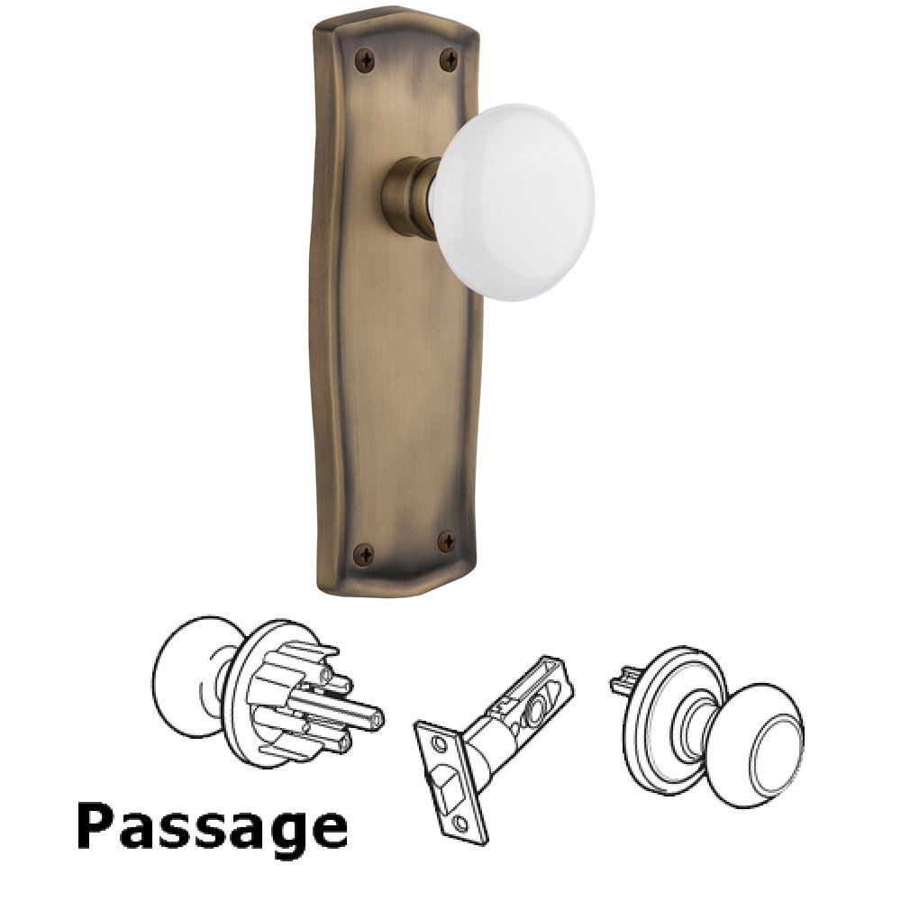 Nostalgic Warehouse Complete Passage Set Without Keyhole - Prairie Plate with White Porcelain Knob in Antique Brass