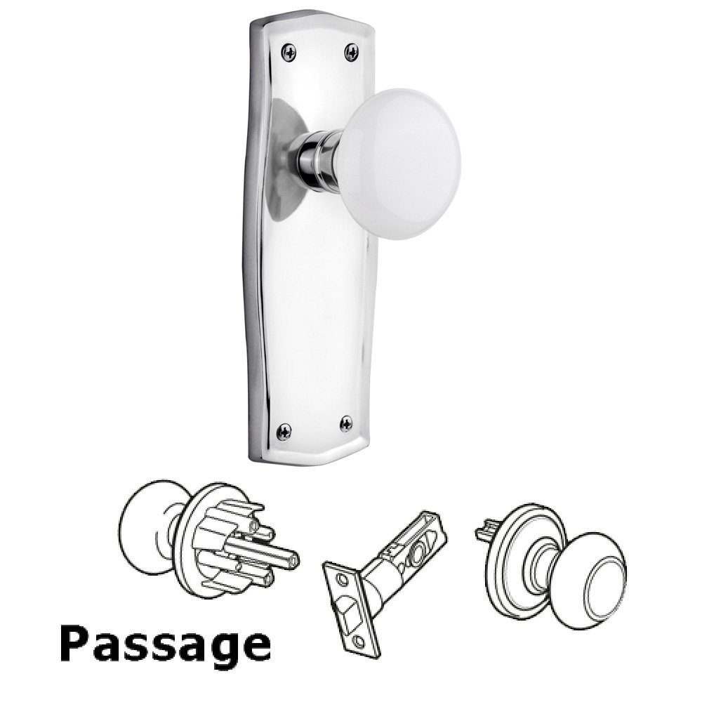 Nostalgic Warehouse Complete Passage Set Without Keyhole - Prairie Plate with White Porcelain Knob in Bright Chrome