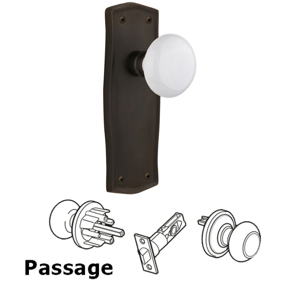 Nostalgic Warehouse Complete Passage Set Without Keyhole - Prairie Plate with White Porcelain Knob in Oil Rubbed Bronze