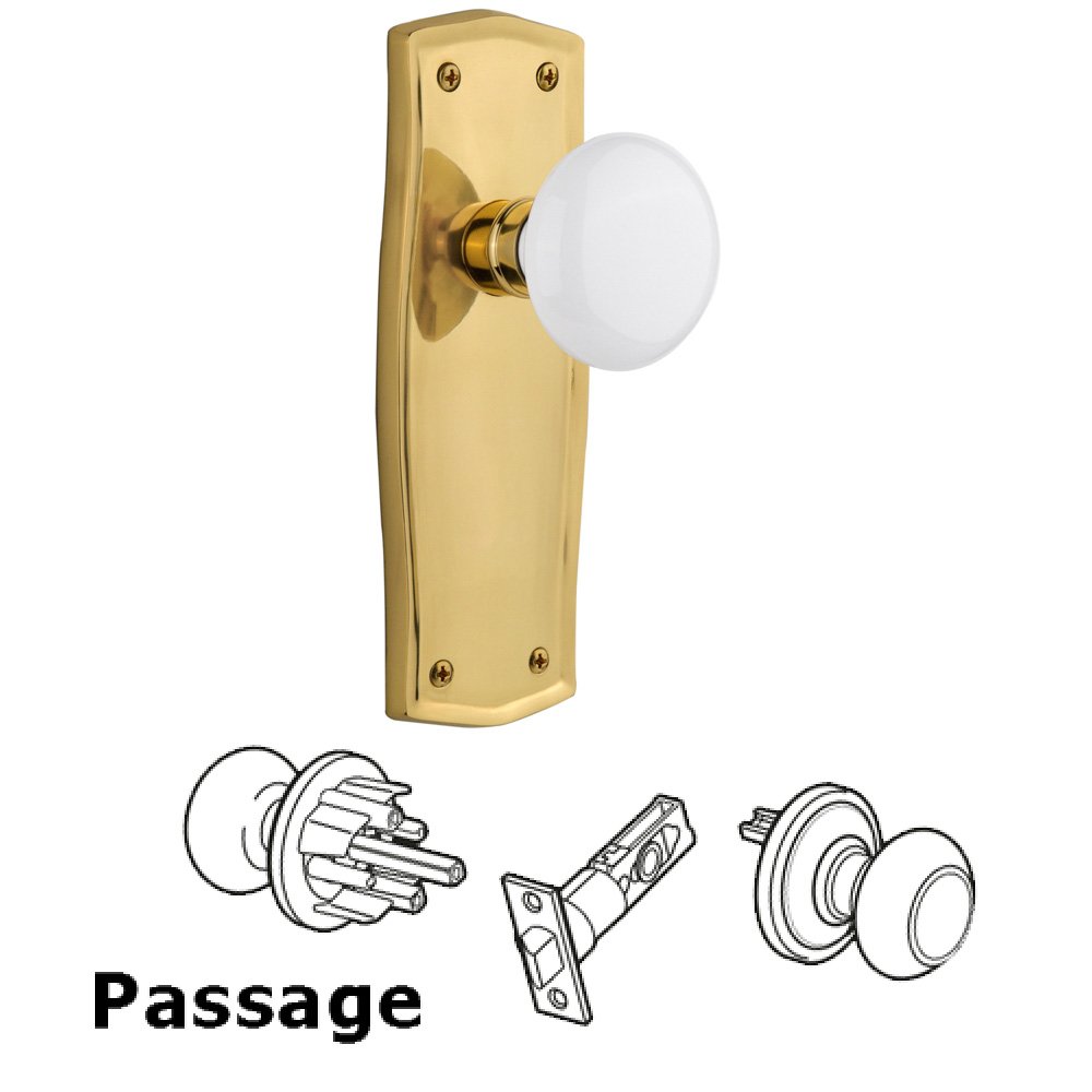 Nostalgic Warehouse Passage Prairie Plate with White Porcelain Door Knob in Polished Brass