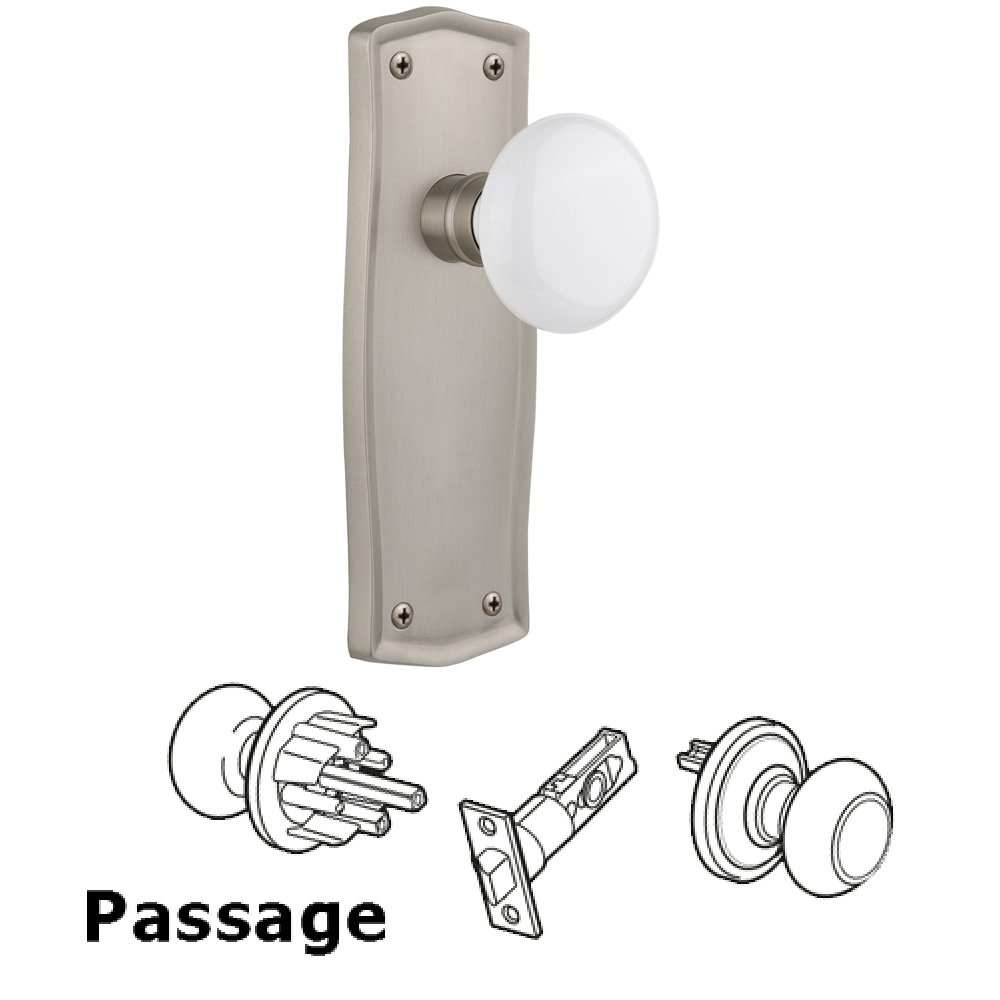 Nostalgic Warehouse Complete Passage Set Without Keyhole - Prairie Plate with White Porcelain Knob in Satin Nickel
