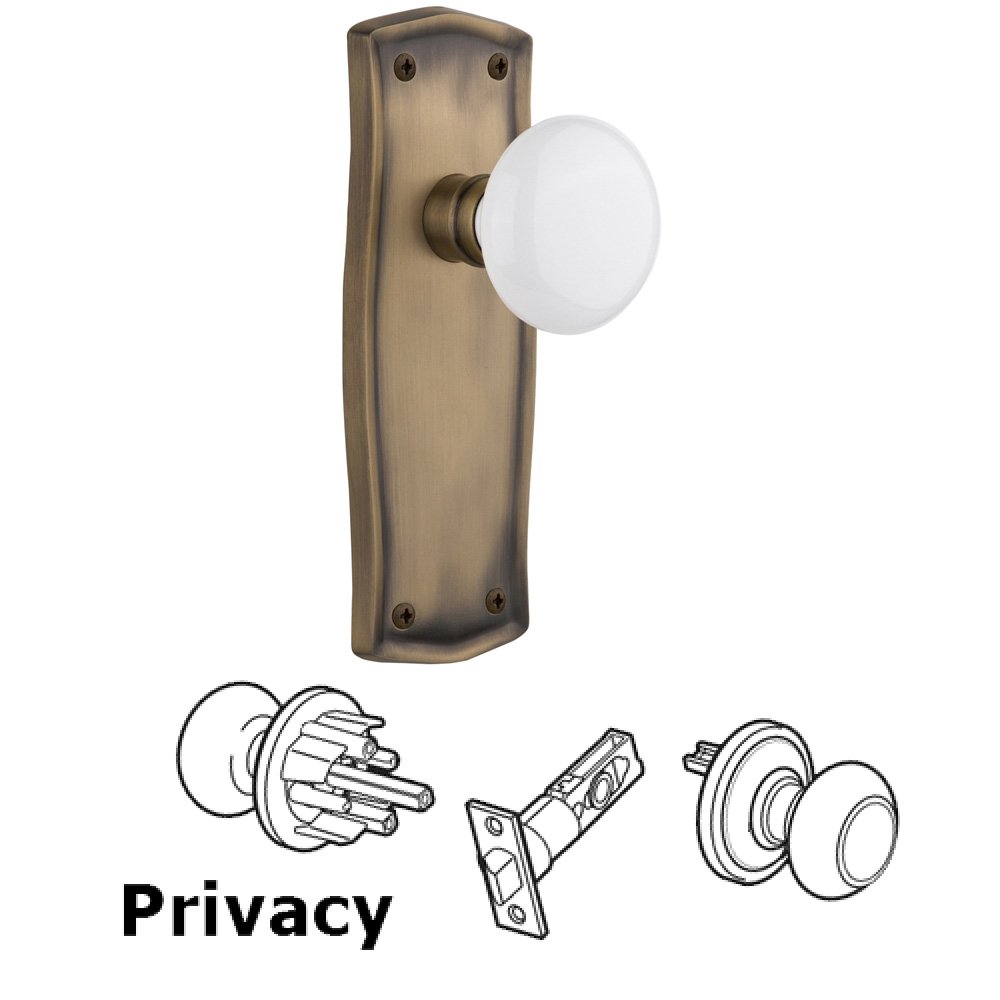 Nostalgic Warehouse Complete Privacy Set Without Keyhole - Prairie Plate with White Porcelain Knob in Antique Brass