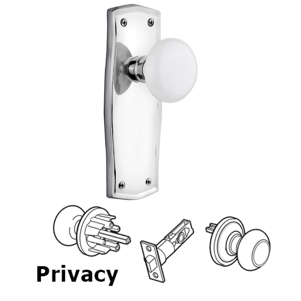 Nostalgic Warehouse Privacy Prairie Plate with White Porcelain Door Knob in Bright Chrome