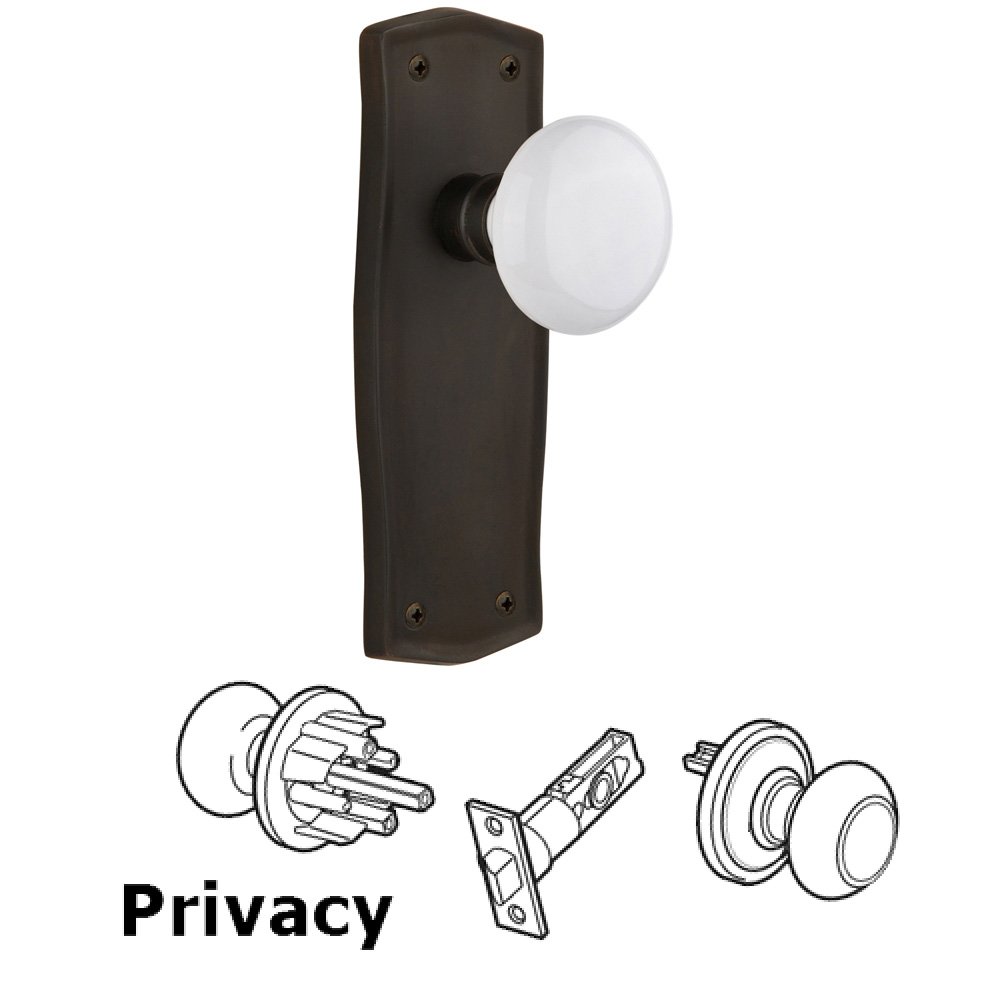 Nostalgic Warehouse Complete Privacy Set Without Keyhole - Prairie Plate with White Porcelain Knob in Oil Rubbed Bronze