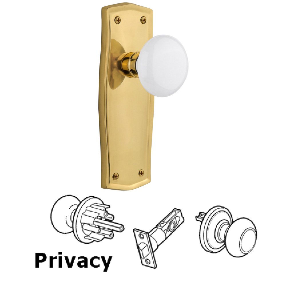 Nostalgic Warehouse Privacy Prairie Plate with White Porcelain Door Knob in Polished Brass