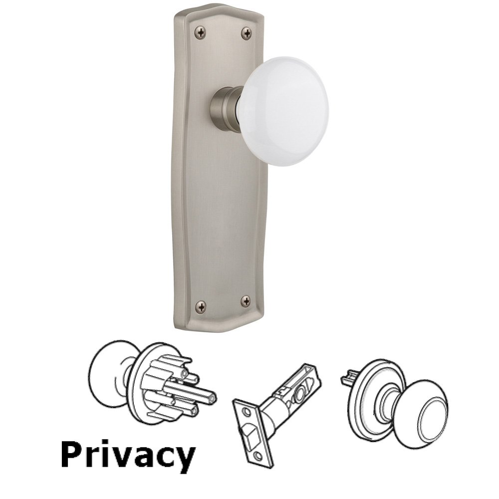 Nostalgic Warehouse Complete Privacy Set Without Keyhole - Prairie Plate with White Porcelain Knob in Satin Nickel