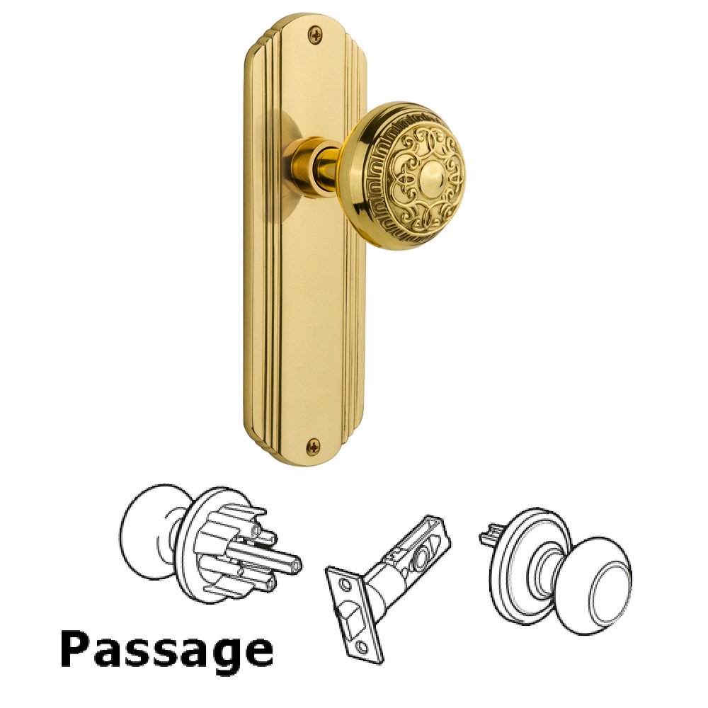 Nostalgic Warehouse Complete Passage Set Without Keyhole - Deco Plate with Egg & Dart Knob in Unlacquered Brass