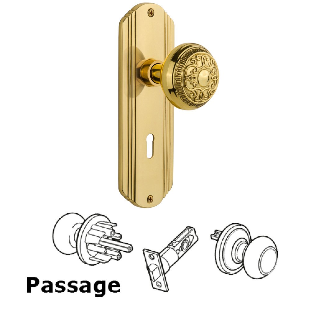 Nostalgic Warehouse Passage Deco Plate with Keyhole and Egg & Dart Door Knob in Unlacquered Brass