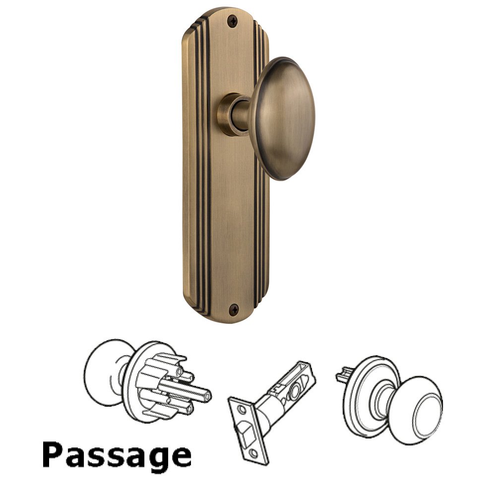 Nostalgic Warehouse Complete Passage Set Without Keyhole - Deco Plate with Homestead Knob in Antique Brass