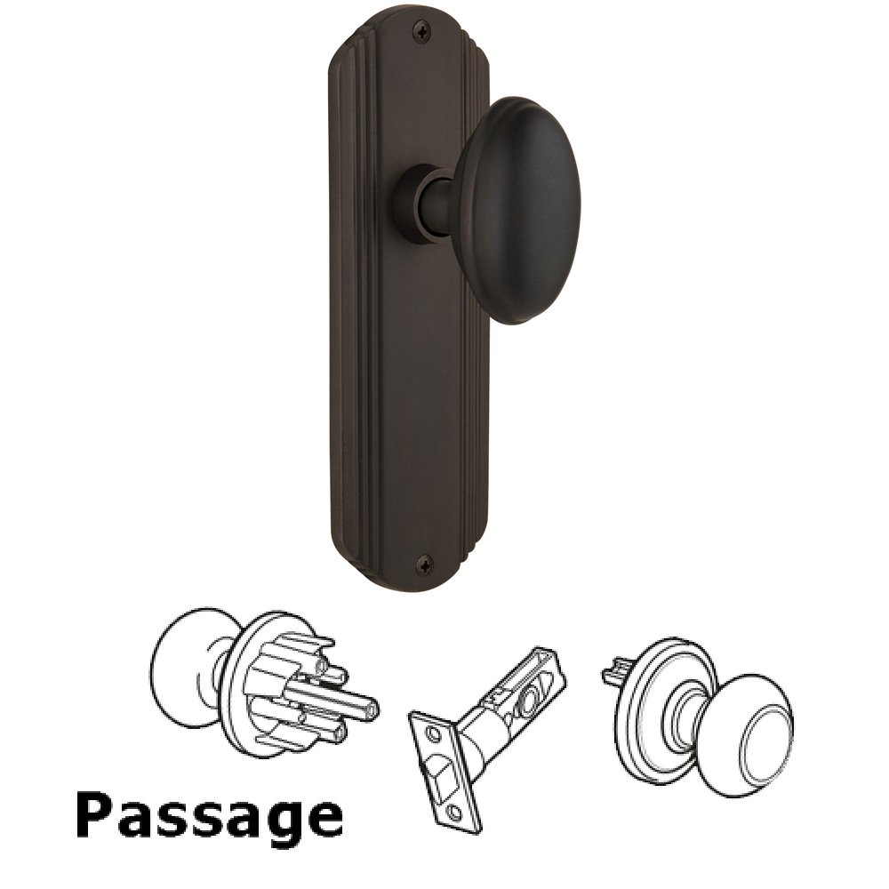 Nostalgic Warehouse Complete Passage Set Without Keyhole - Deco Plate with Homestead Knob in Oil Rubbed Bronze