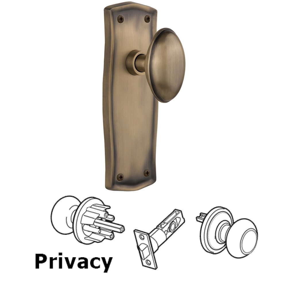 Nostalgic Warehouse Complete Privacy Set Without Keyhole - Prairie Plate with Homestead Knob in Antique Brass
