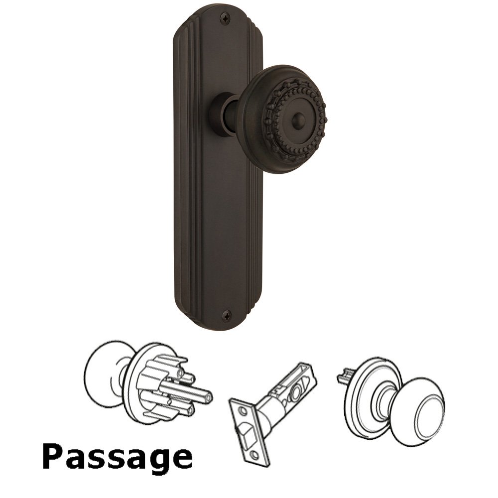 Nostalgic Warehouse Complete Passage Set Without Keyhole - Deco Plate with Meadows Knob in Oil Rubbed Bronze
