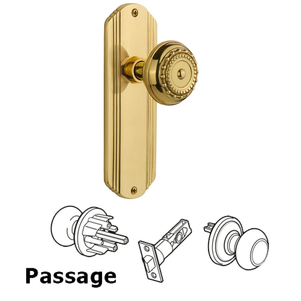Nostalgic Warehouse Passage Deco Plate with Meadows Door Knob in Polished Brass