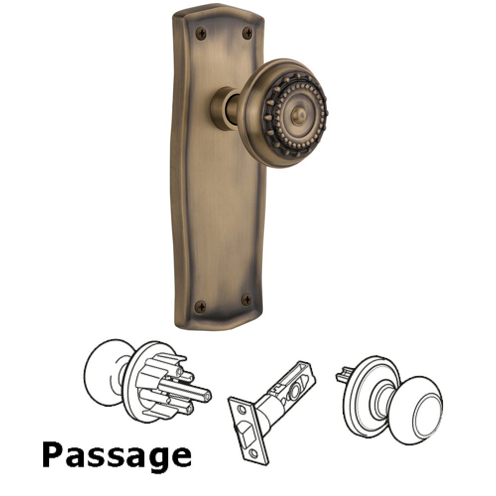 Nostalgic Warehouse Complete Passage Set Without Keyhole - Prairie Plate with Meadows Knob in Antique Brass