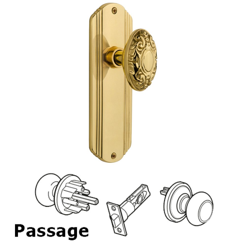 Nostalgic Warehouse Passage Deco Plate with Victorian Door Knob in Polished Brass