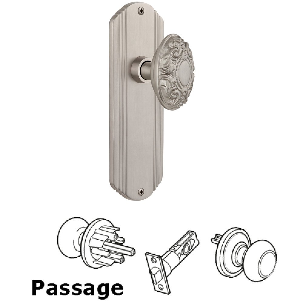 Nostalgic Warehouse Complete Passage Set Without Keyhole - Deco Plate with Victorian Knob in Satin Nickel