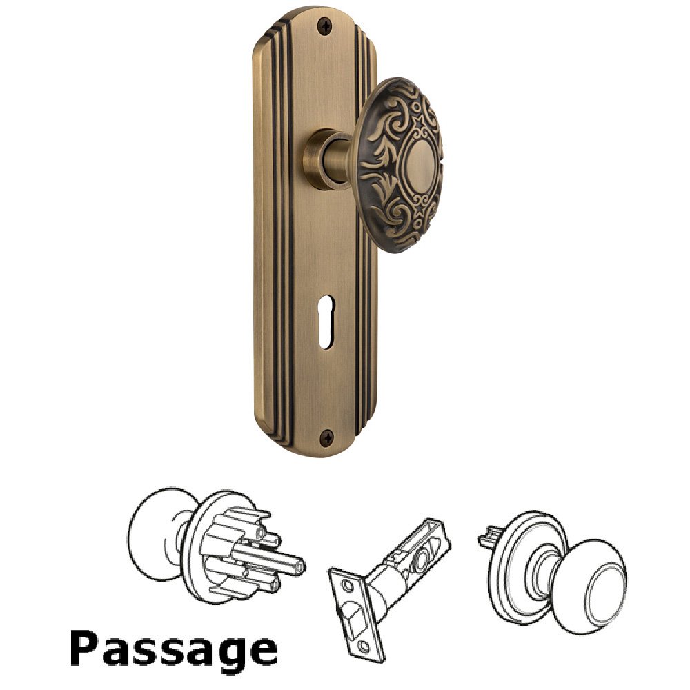 Nostalgic Warehouse Complete Passage Set With Keyhole - Deco Plate with Victorian Knob in Antique Brass