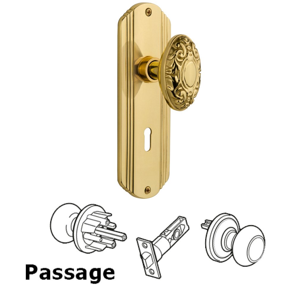Nostalgic Warehouse Complete Passage Set With Keyhole - Deco Plate with Victorian Knob in Polished Brass