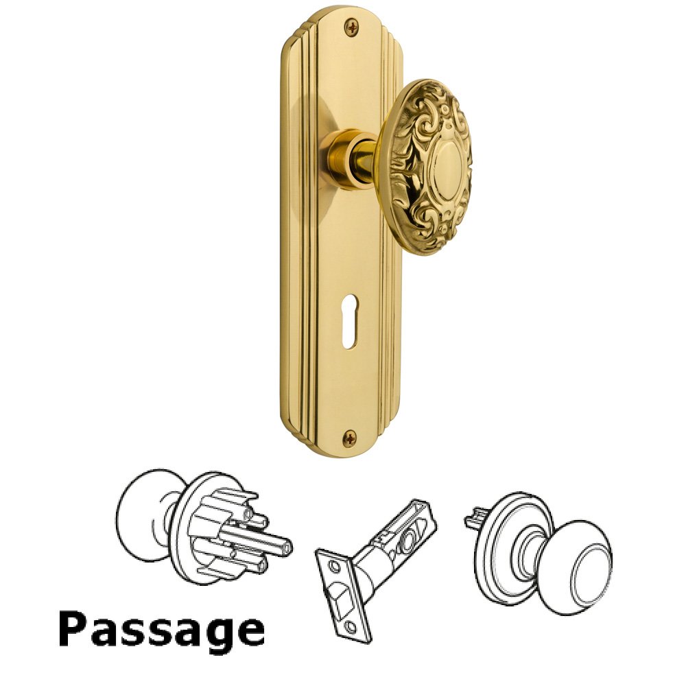 Nostalgic Warehouse Complete Passage Set With Keyhole - Deco Plate with Victorian Knob in Unlacquered Brass
