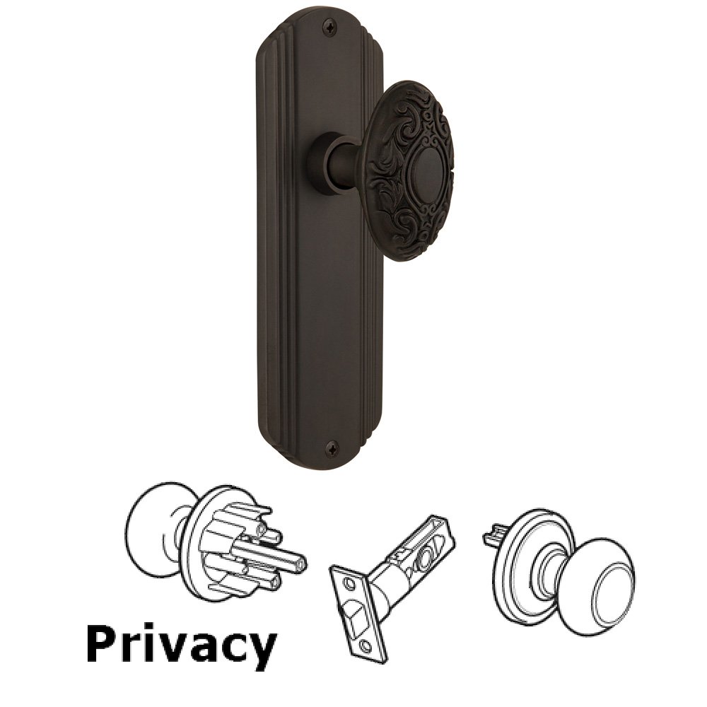 Nostalgic Warehouse Complete Privacy Set Without Keyhole - Deco Plate with Victorian Knob in Oil Rubbed Bronze