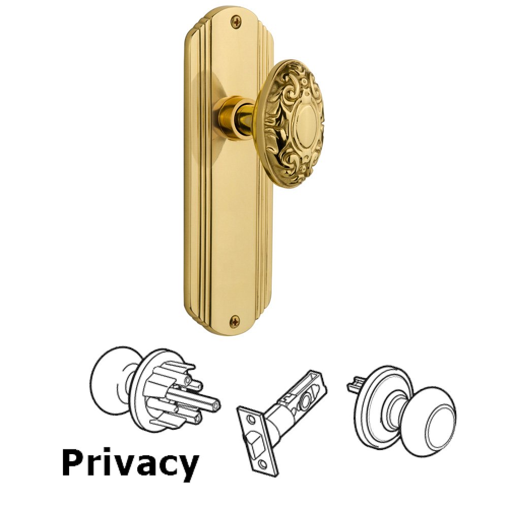 Nostalgic Warehouse Complete Privacy Set Without Keyhole - Deco Plate with Victorian Knob in Polished Brass