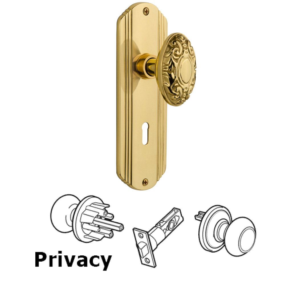 Nostalgic Warehouse Complete Privacy Set With Keyhole - Deco Plate with Victorian Knob in Unlacquered Brass