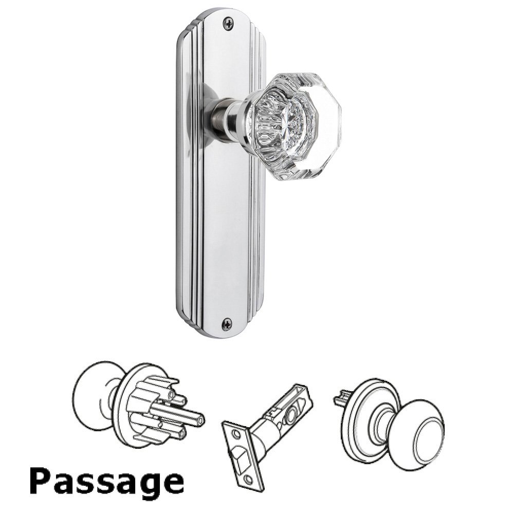 Nostalgic Warehouse Complete Passage Set Without Keyhole - Deco Plate with Waldorf Knob in Bright Chrome