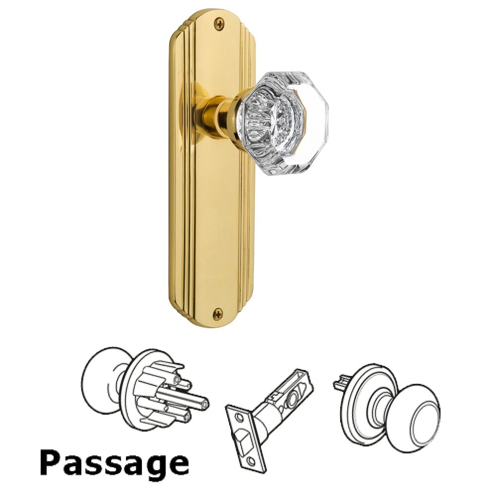 Nostalgic Warehouse Complete Passage Set Without Keyhole - Deco Plate with Waldorf Knob in Unlacquered Brass