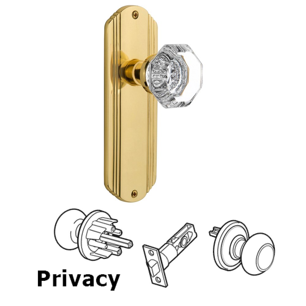 Nostalgic Warehouse Complete Privacy Set Without Keyhole - Deco Plate with Waldorf Knob in Polished Brass
