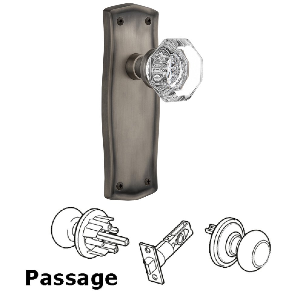 Nostalgic Warehouse Complete Passage Set Without Keyhole - Prairie Plate with Waldorf Knob in Antique Pewter