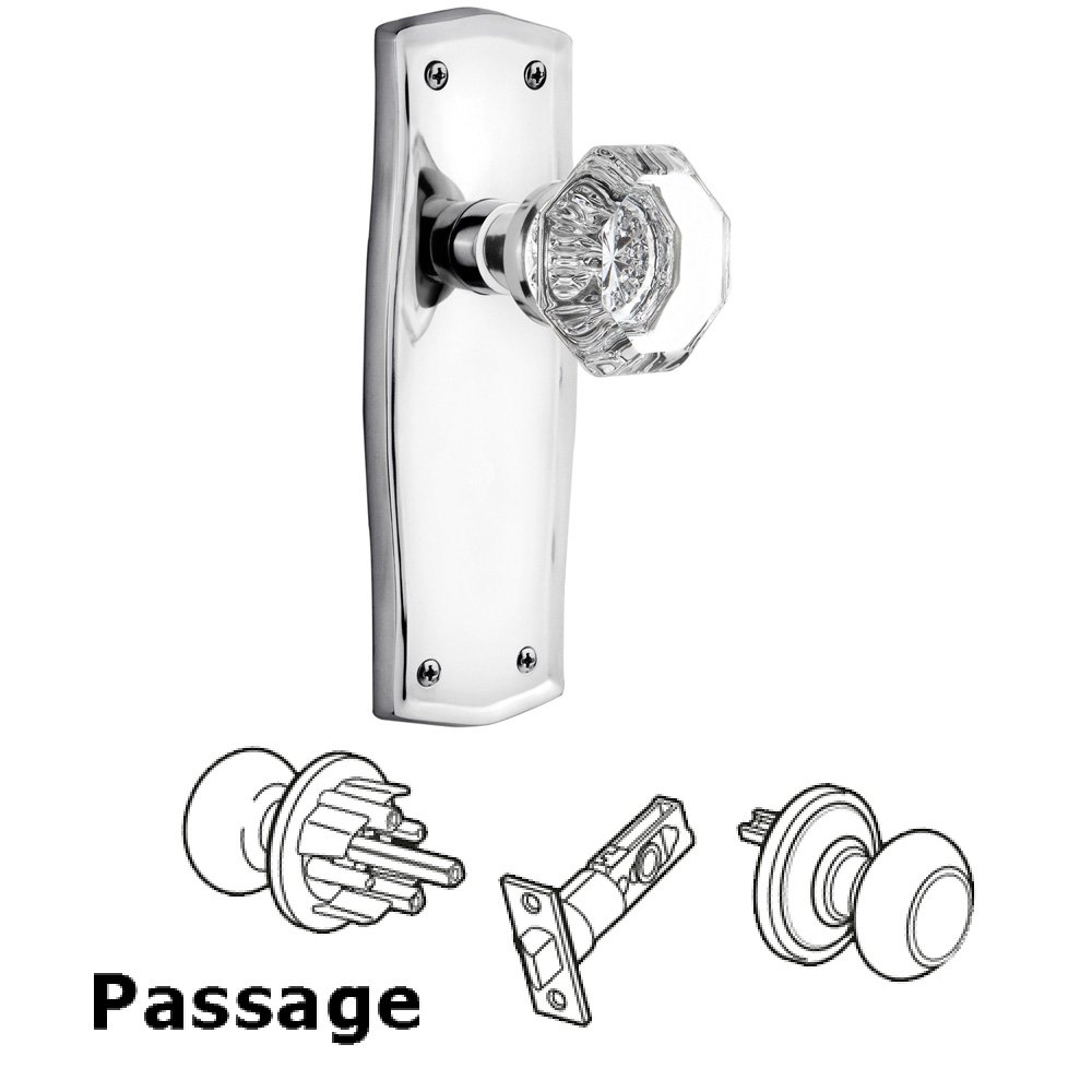 Nostalgic Warehouse Complete Passage Set Without Keyhole - Prairie Plate with Waldorf Knob in Bright Chrome