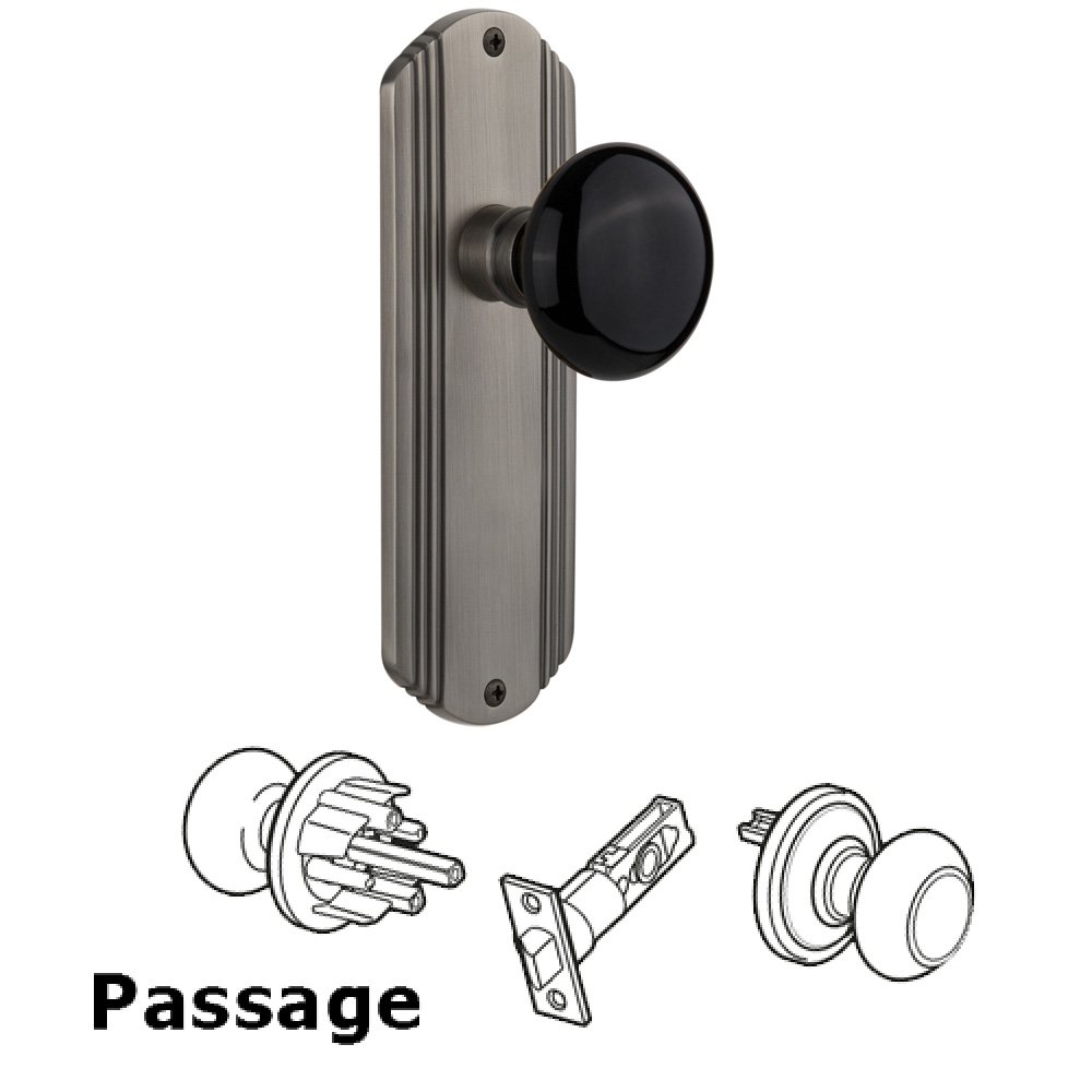 Nostalgic Warehouse Complete Passage Set Without Keyhole - Deco Plate with Black Porcelain Knob in Antique Pewter