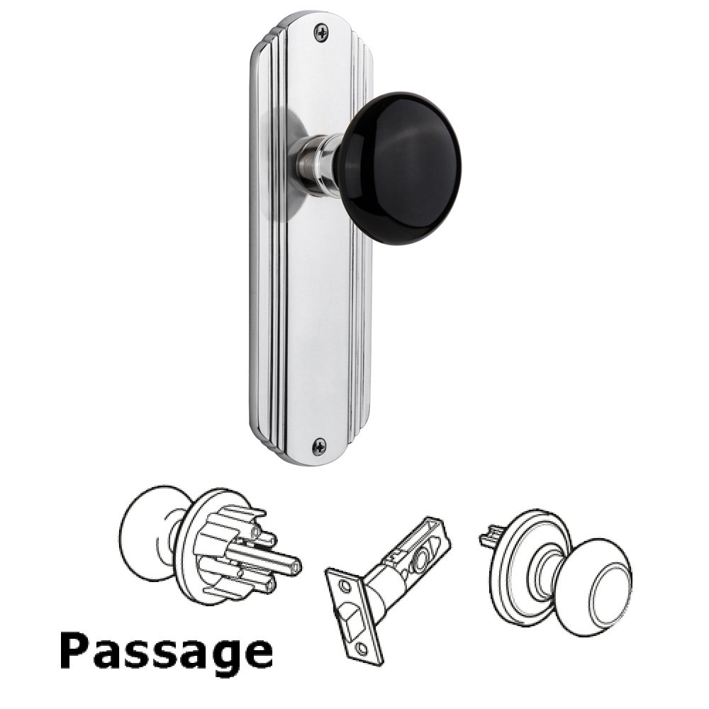Nostalgic Warehouse Complete Passage Set Without Keyhole - Deco Plate with Black Porcelain Knob in Bright Chrome