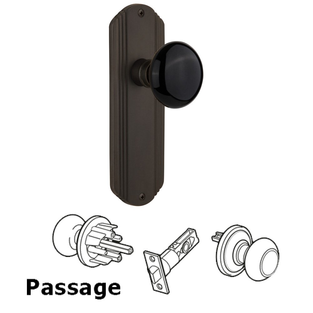 Nostalgic Warehouse Complete Passage Set Without Keyhole - Deco Plate with Black Porcelain Knob in Oil Rubbed Bronze