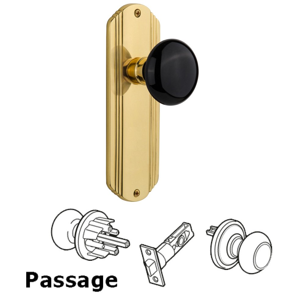 Nostalgic Warehouse Complete Passage Set Without Keyhole - Deco Plate with Black Porcelain Knob in Polished Brass