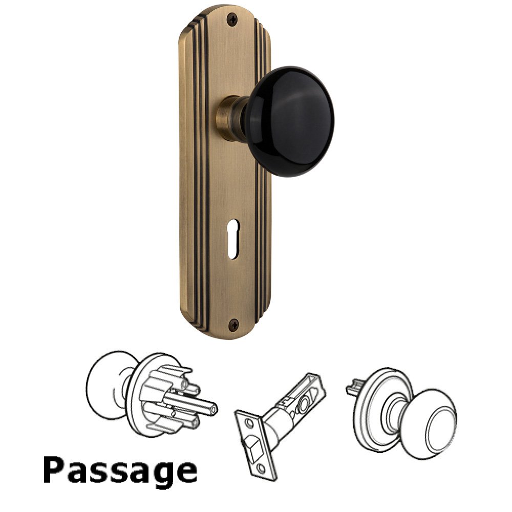 Nostalgic Warehouse Complete Passage Set With Keyhole - Deco Plate with Black Porcelain Knob in Antique Brass